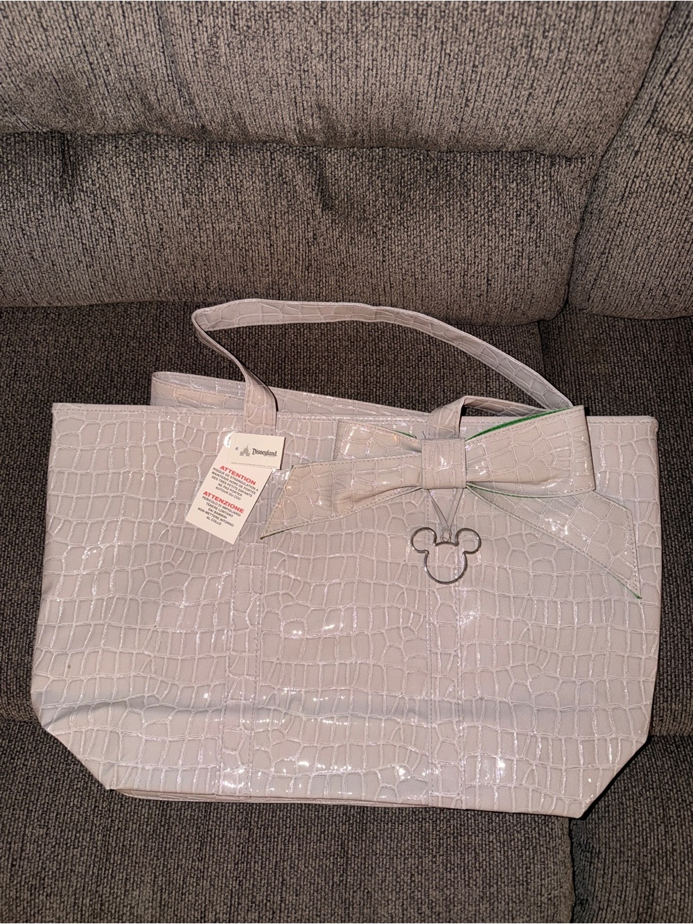 Disney Croc-Embossed Patent Tote in Light Gray with Bow